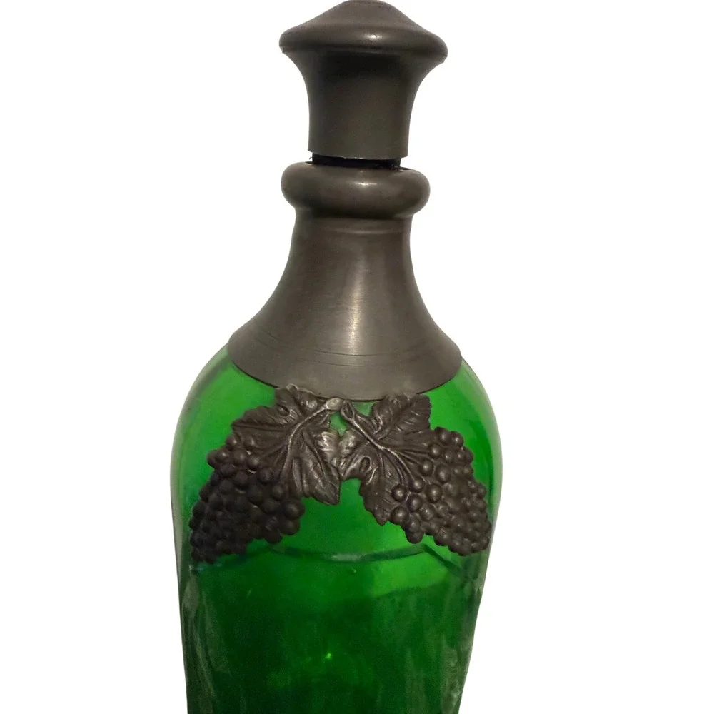 Vintage Emerald Green Glass Decanter with Pewter Grape Cluster Metal Collar 10in